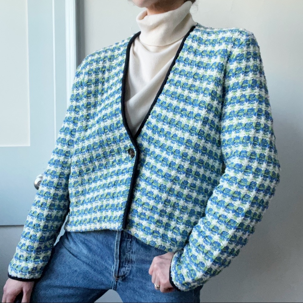 Ann Taylor Tweedy Sweater Jacket Cardigan Size Large Blue Green White Chunky